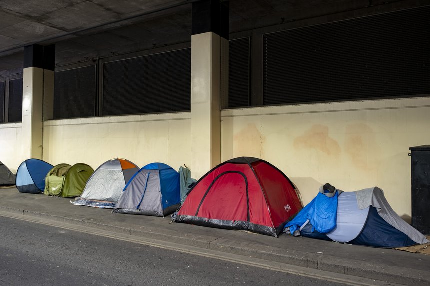Six tents pitched side by side in an underpass near Blackfriars in the City of London.