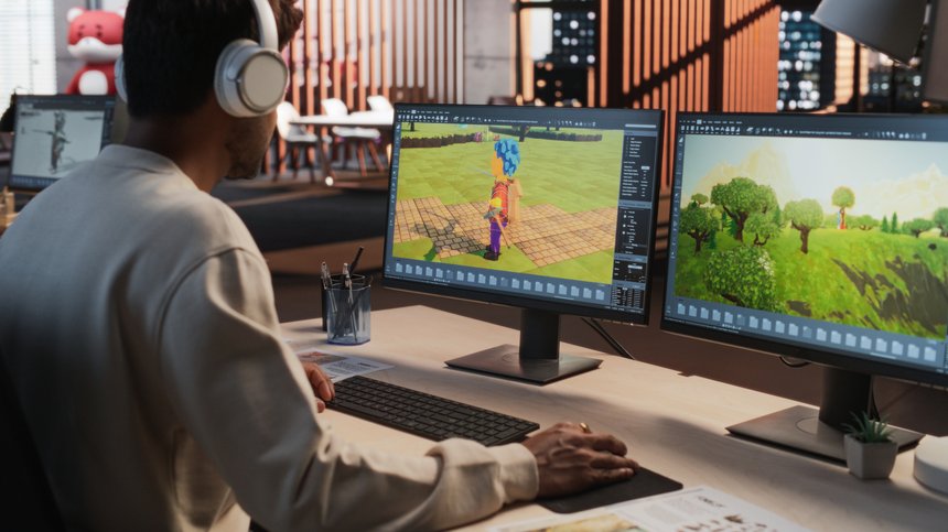 Over the shoulder perspective of a person wearing headphones, sitting at a desk using a desktop PC with two monitors. On the left monitor is displayed an animated, stylised human character with blue hair. On the right monitor is animated several green-leaved trees that cast shadows onto a wide, grassy field.