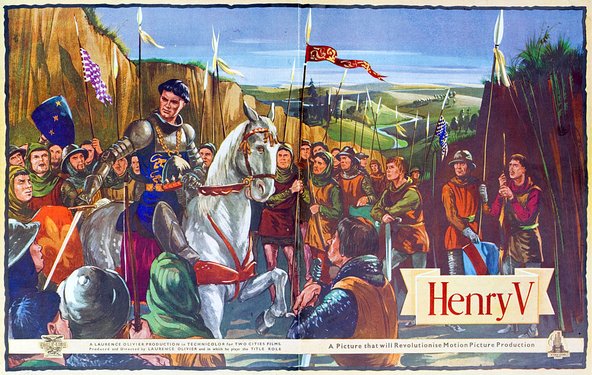 Movie poster for the 1944 British wartime film 'Henry V' directed by Laurence Olivier - another example of a Shakespeare adaptation.
