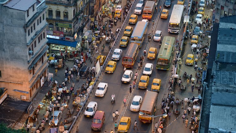 Traffic jam in Burrabazar, a neighbourhood in central Kolkata, India.