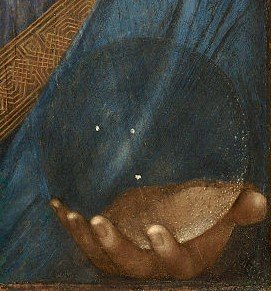 Close-up of Salvator Mundi attributed to Leonardo da Vinci, focused on sphere in hand