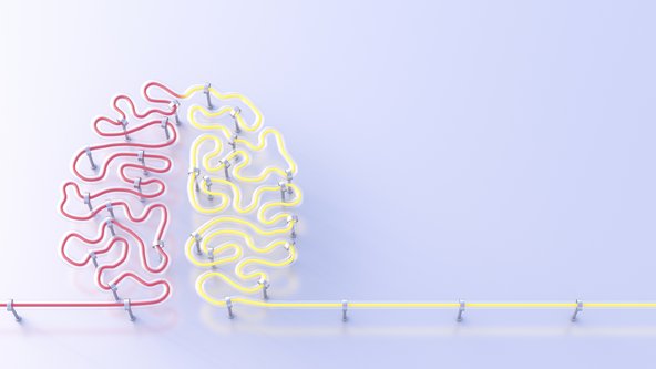 Illustration of a neon sign in the shape of a human brain, divided into two halves. The left half is colored red and streamlined, while the right half is colored yellow and designed with complex, intertwined paths, against a soft purple background.