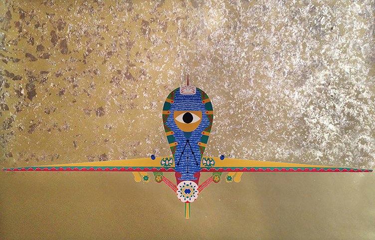 Gouache and gold flakes depiction of drone, with prominent central eye