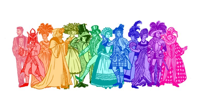 A multi-colour illustration of a group of dancing individuals dressed up in Georgian fancy dress