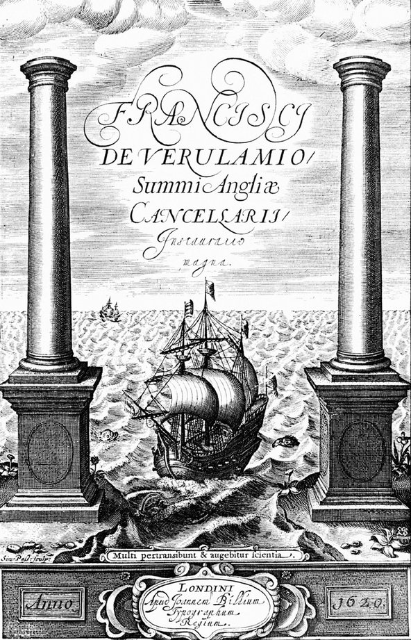 This frontispiece from the Instauratio magna depicts, in Kenyon’s words, ‘the ship of Learning putting out through the Pillars of Hercules into the uncharted ocean beyond in search of the new world of Knowledge’.