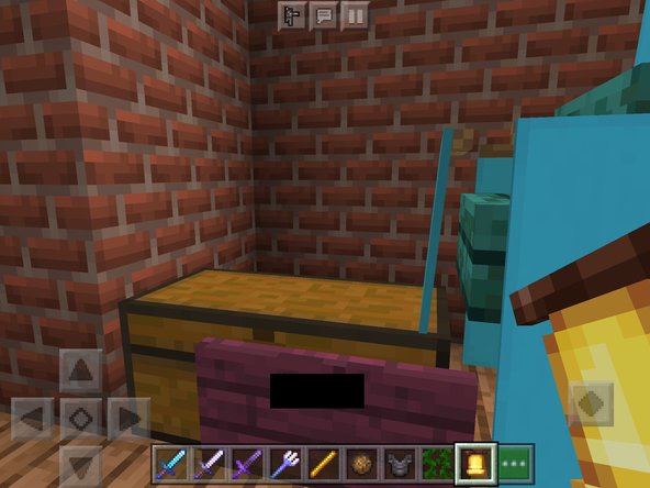 A screenshot from Minecraft showing a player's perspective inside a room with brick walls, facing a chest