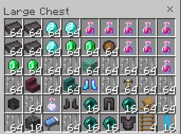Inventory screen from Minecraft showing a large chest filled with various items including armour, potions, and building blocks