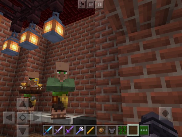 Minecraft characters standing in a room with brick walls and hanging lanterns, with a user interface showing various tools and items at the bottom