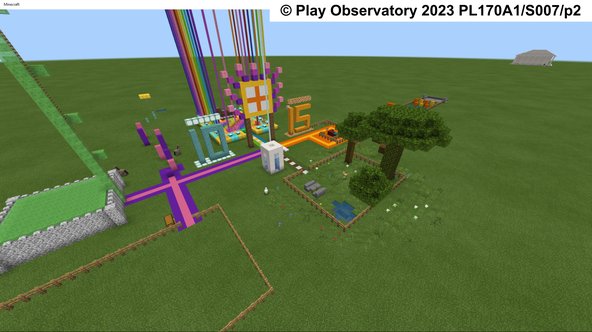 Screenshot from Minecraft, featuring a variety of colourful structures including buildings, trees, and pathways on a grassy landscape.