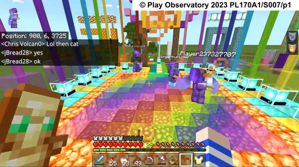 Screenshot from Minecraft showing multiple players standing on a colourful, glass-block pathway