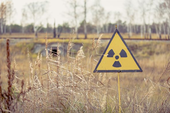 Ionizing Radiation sign, Red Forest in Chernobyl Zone of Alienation. Image credit: Getty images