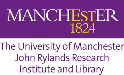 Text in purple and white reads Manchester 1824 the University of Manchester John Rylands Research Institute and Library