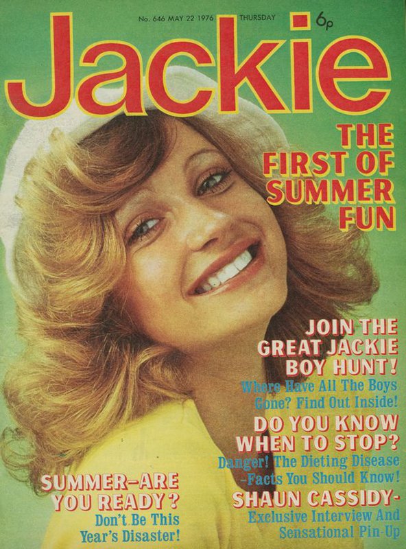 Bright and colourful front page of the1976 summer edition of Jackie magazine with a green background and the magazine's name in large, orange letters across the top. The cover features various bits of text about the contents of the issue and girl with stylish blonde curls smiling widely as she slightly tilts her head back.