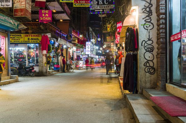 A market street in Thamel at night.