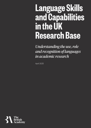 Cover of the Language Skills and Capabilities in the UK Research Base report. The title and authors of the report are displayed in white text over a black background.