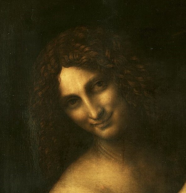 Close-up of Leonardo da Vinci's 'Saint John the Baptist'.