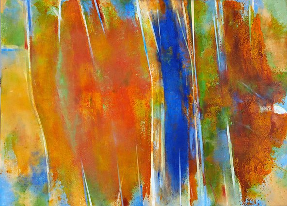 A colourful abstact painting by John Golding with vibrant hues of orange, green and blue.