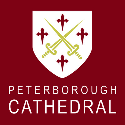 Crest consisting of two crossed swords with four crosses around them and text saying 'Peterborough Cathedral'.