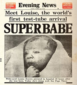 Front cover of the newspaper featuring the first test-tube baby