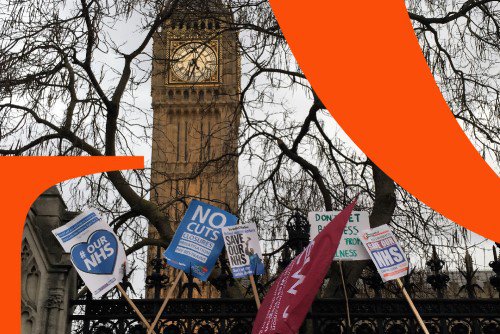 Summer Showcase 2019 branding over an image of the Houses of Parliament with protesters in front of it