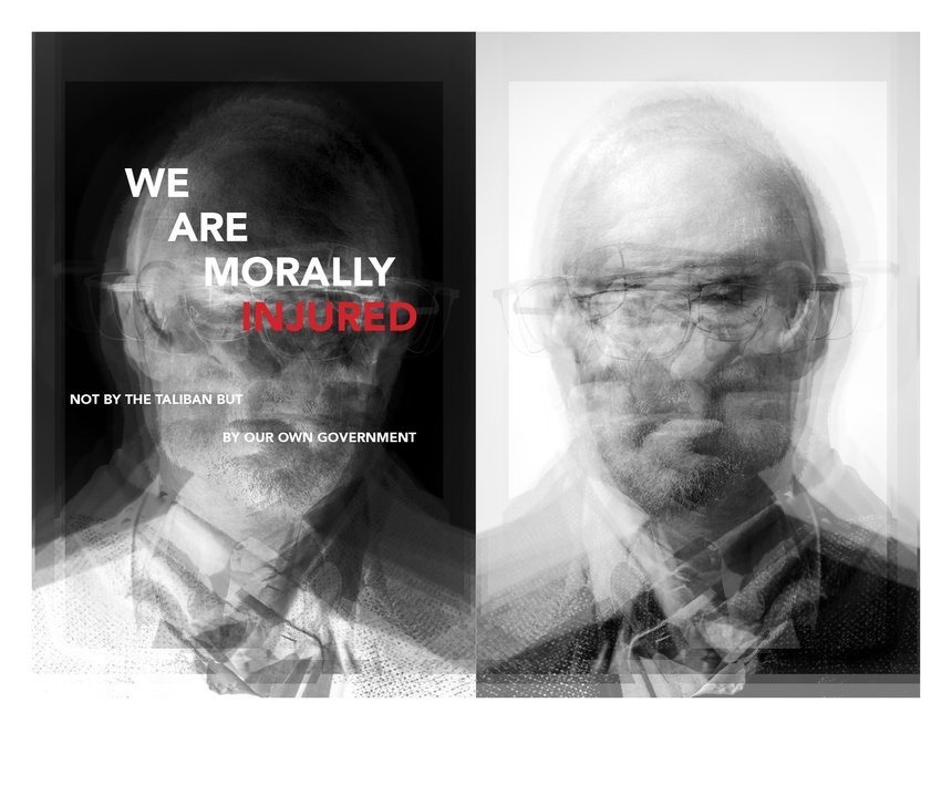 Side by side positive and negative photographic portraits of Afghanistan veteran 'Marcus', blurred and layered so so the details of the subject's face cannot be discerned.o