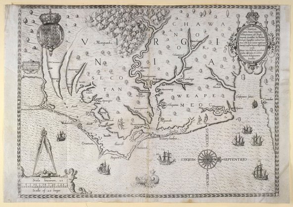 A map of Virginia from Thomas Hariot’s A briefe and true report of the new found land of Virginia (1590). Credit: Thomas Hariot, Theodor de Bry, via The British Library