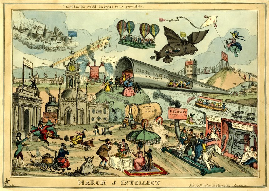 A colourful print depicting a busy urban scene with many fantastical inventions powered by steam, depicting the excitement around new technologies.