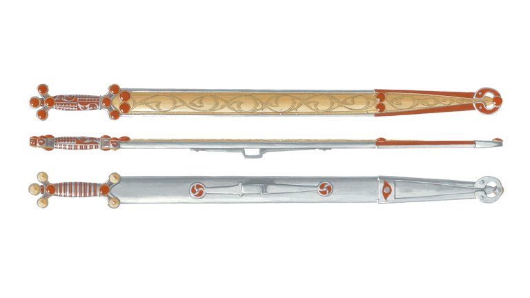 A drawing of three Celtic swords