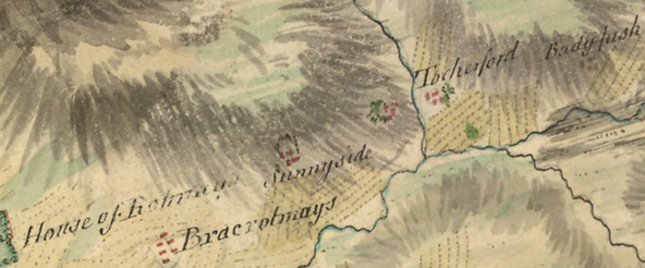 Image from British Library, Roy’s ‘Military Survey of Scotland’, 1747-55, showing Sunnyside near Braeside of Rothmaise, Aberdeenshire. From West to East:  House of Rotmays, Braerotmays, Sunnyside, Tocherford, Badyfash.  Reproduced by permission of the British Library.