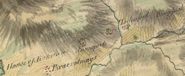 Image from British Library, Roy’s ‘Military Survey of Scotland’, 1747-55, showing Sunnyside near Braeside of Rothmaise, Aberdeenshire. From West to East: House of Rotmays, Braerotmays, Sunnyside, Tocherford, Badyfash. Reproduced by permission of the British Library.