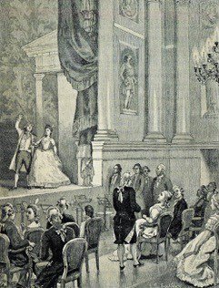Grayscale print of Hermitage Theatre under Catherine II showing crowd watching performance