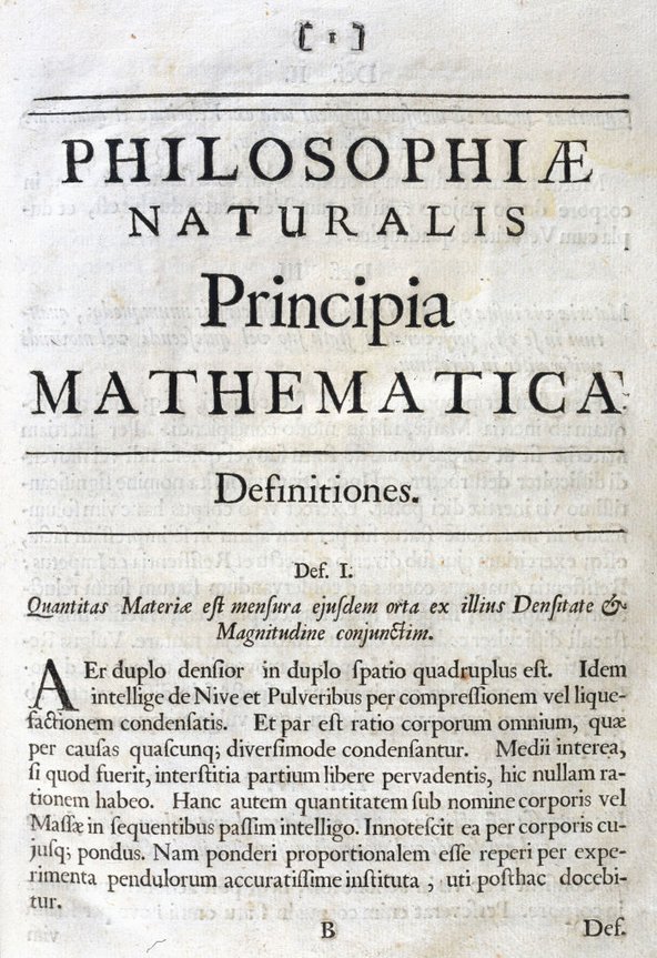 The first page of Isaac Newton&#x27;s &#x27;Principia Mathematica&#x27;, showing the title and a paragraph of Latin text