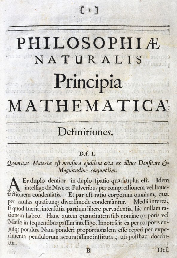 The first page of Isaac Newton's 'Principia Mathematica', showing the title and a paragraph of Latin text