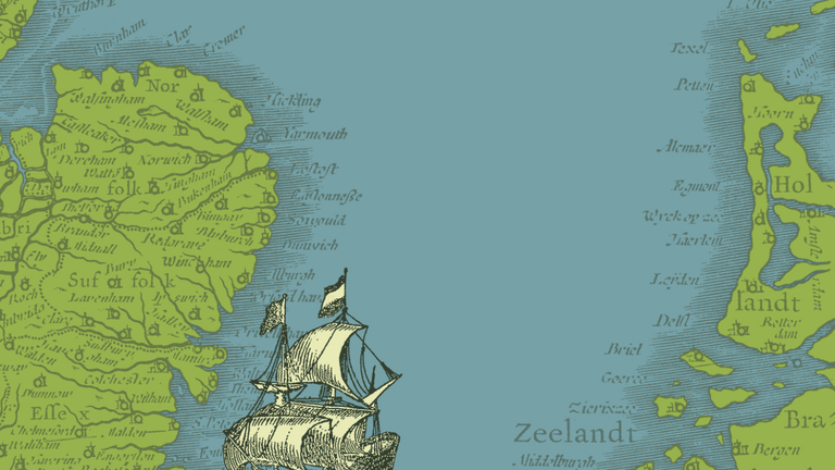 Illustrated image of a map with an old sailing boat crossing the North Sea