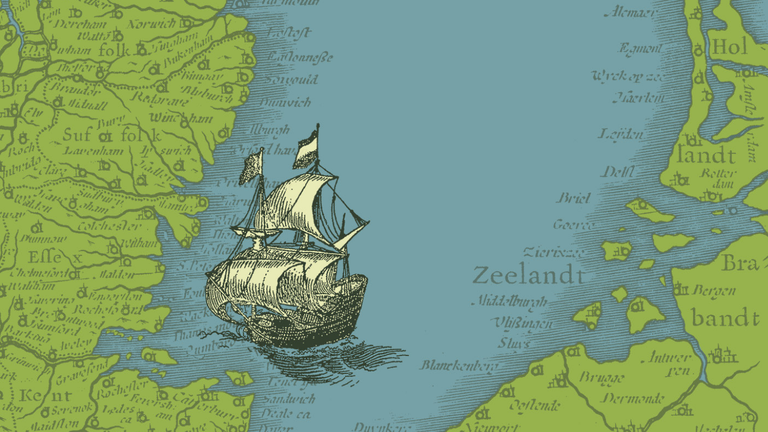 Illustrated image of a map with an old sailing boat crossing the North Sea