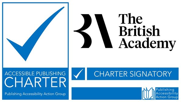 Accessible Publishing Charter logo next to the British Academy logo, under which is a banner stating 'Charter Signatory'. Beneath this, is the logo for the Publishing Accessibility Action Group.