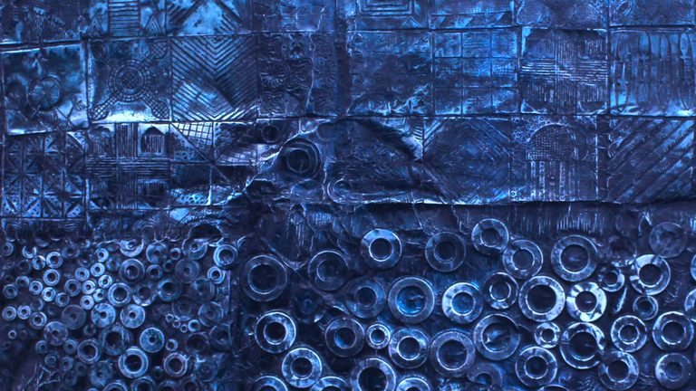 Image of blue indigo abstract art with clusters of circles and lines