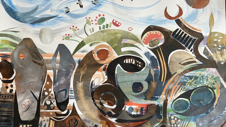 A collage of peatlands, birds, stones, and plants by Rose Ferraby