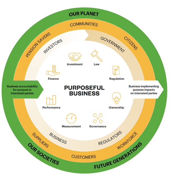 A diagram showing accountability and implementation mechanisms to put purpose at the heart of business.