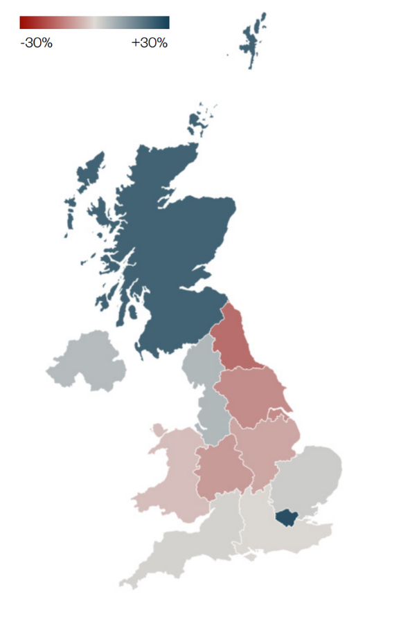 FPE percentage change in early career academics in arts subjects between 2018/19 and 2024/25, by UK region