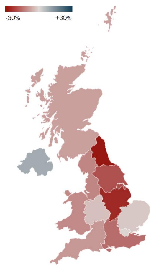 FPE percentage change in early career academics in SHAPE between 2023/24 and 2024/25, by UK region