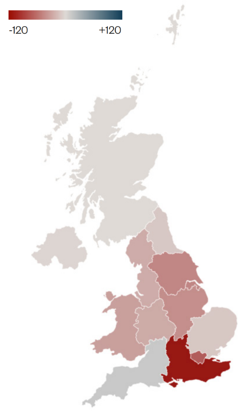 FPE change in the number of academic staff in French Studies between 2012/13 to 2024/25 by UK region