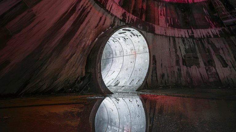 Image of a large sewer tunnel with water within it, opening up into a large concrete space.
