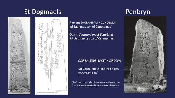 Images of monument of St. Dogmaels and stone monument Penbryn with carvings