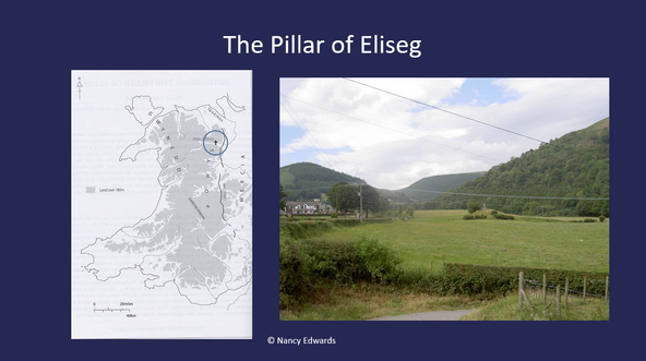 Map of North Wales on the left and a photograph of meadowy landscape of Pillar of Eliseg on the right.