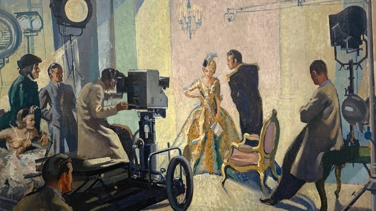 A painting by Harry Rutherford, 1937 called Starlight showing a film crew filming a dancing couple