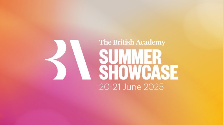 This image shows the British Academy's 'Summer Showcase' logo. It has white text, with the date 20-21 June 2025 on it, against a bright and colourful background of peach and pink.