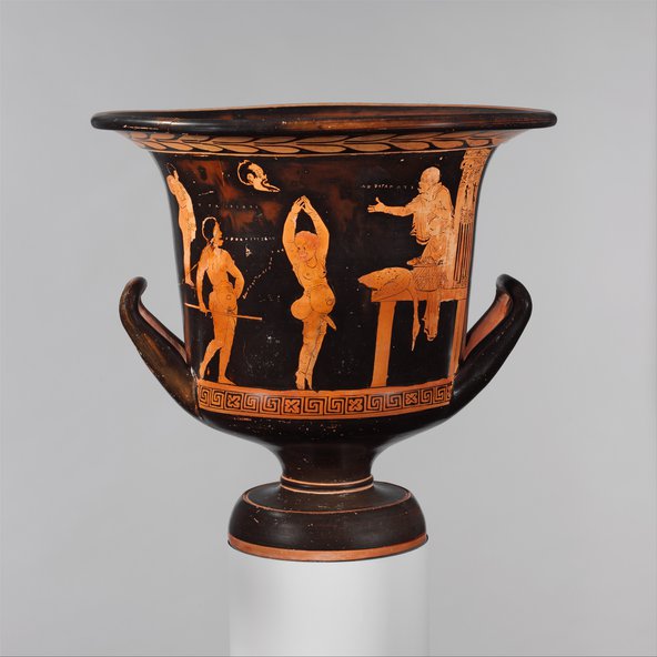 Terracotta calyx-krater (mixing bowl),ca. 400–390 B.C., showing a scene from a phlyax play