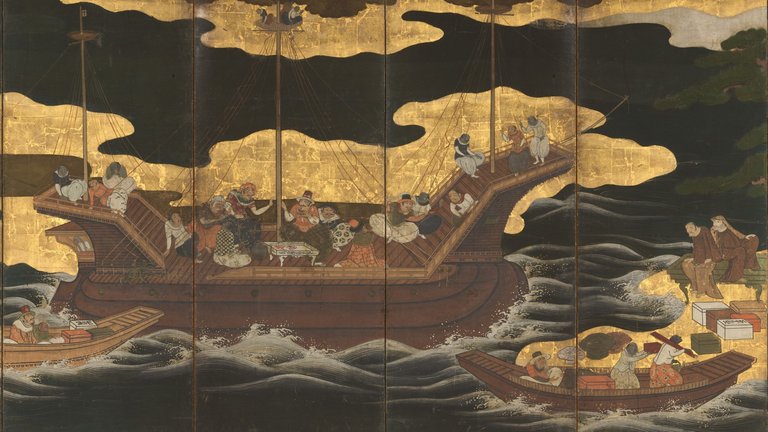 Japanese 17th century ink, colour, gold and gold leaf on paper entitled 'Arrival of the Europeans'