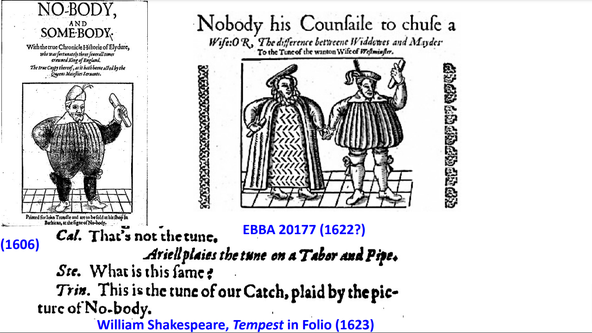 Two illustrations and lines from The Tempest (1623). The drawings show men depicted in a caricaturesque way.